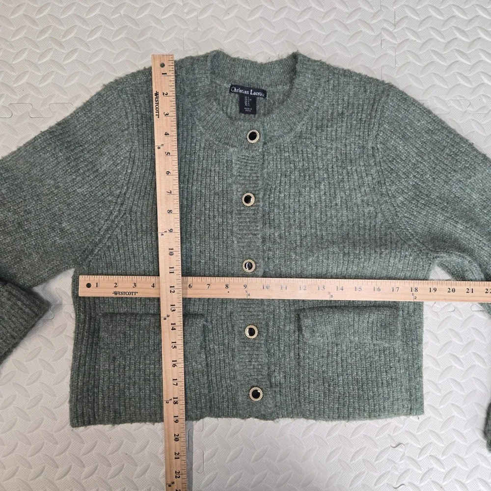 Christian Lacroix Womens Sage Green Ribbed Knit Cropped Cardigan‎ Sweater Large